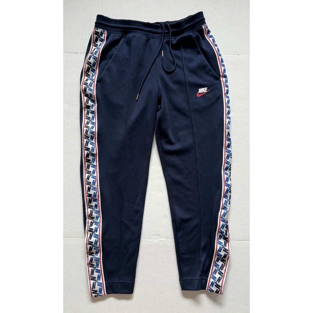 Nike Sportswear Repeat Logo Tape Track Pants Men's Medium Snap Hem Navy